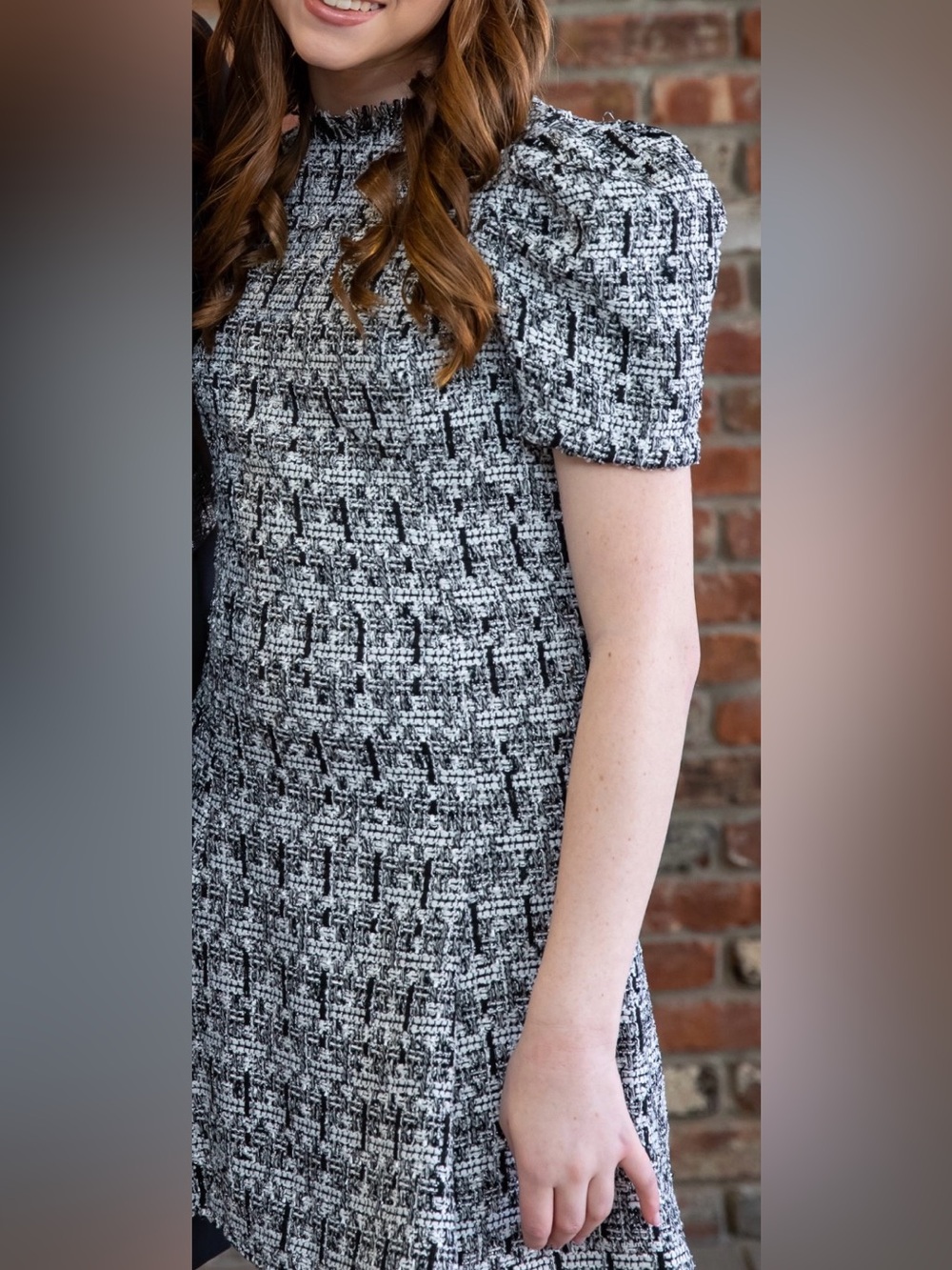 Aqua Black and White Tweed Short-Sleeve Dress